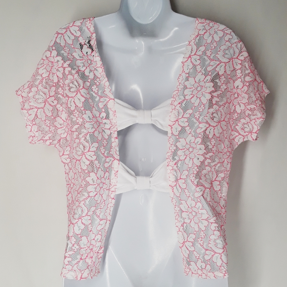 WET SEAL Pink White Lace Short Sleeve Bow Back Top XL